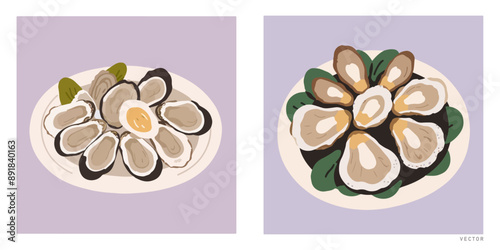 Flat Vector Close-Up Plate of Oysters