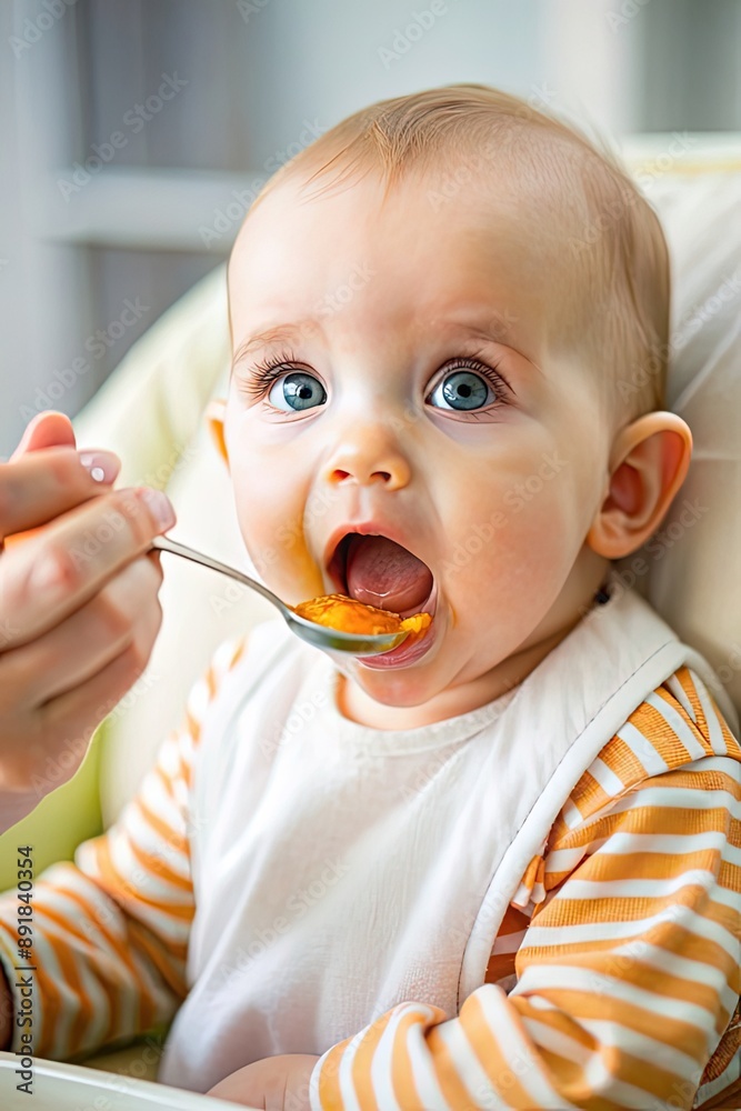 Happy smiling baby with mom while eating in the living room at home. Preschool child development, food menu for 1 year old Happy smiling baby with mom while eating in the living room at home. Preschool child development, food menu for 1 year old