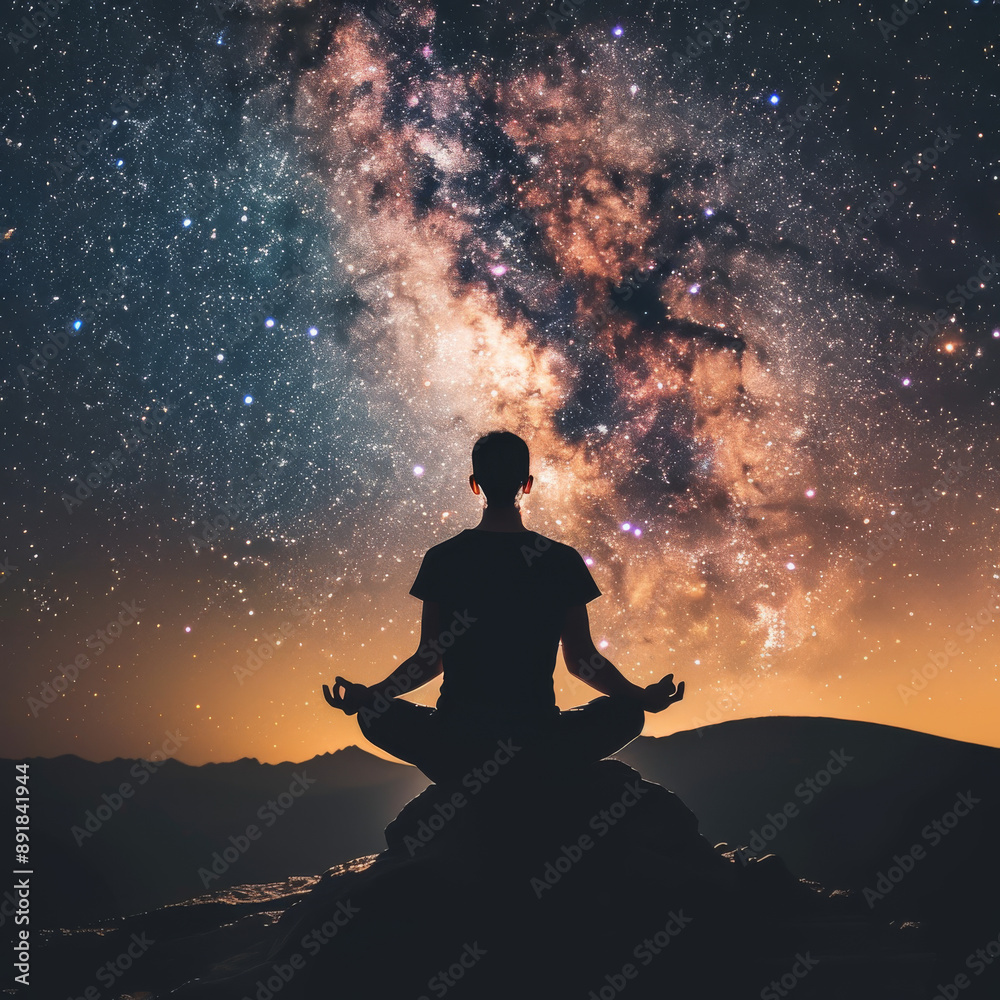 A person sits in meditation with a galaxy in their head, against the backdrop of a starry sky. The concept of Zen and meditation is explored through of peace and tranquility. A person sits in meditation with a galaxy in their head, against the backdrop of a starry sky. The concept of Zen and meditation is explored through of peace and tranquility.