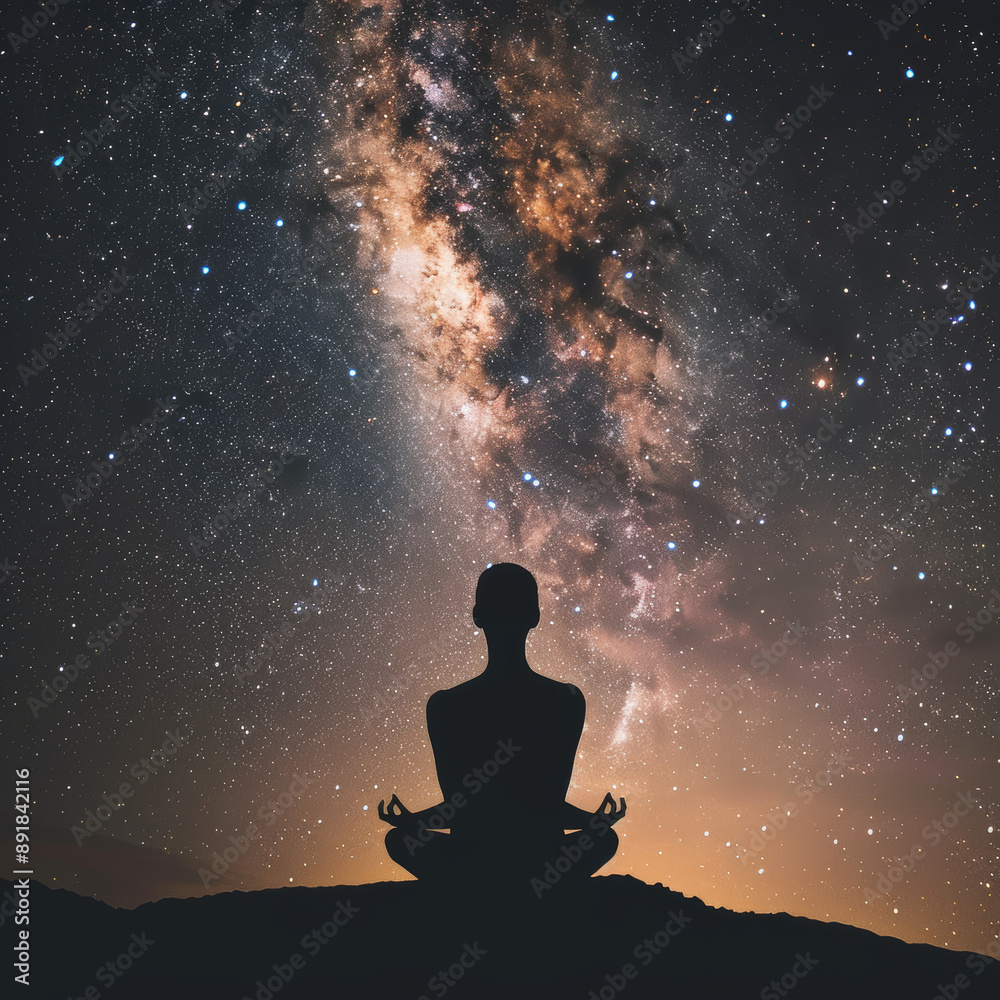 A person sits in meditation with a galaxy in their head, against the backdrop of a starry sky. The concept of Zen and meditation is explored through of peace and tranquility. A person sits in meditation with a galaxy in their head, against the backdrop of a starry sky. The concept of Zen and meditation is explored through of peace and tranquility.