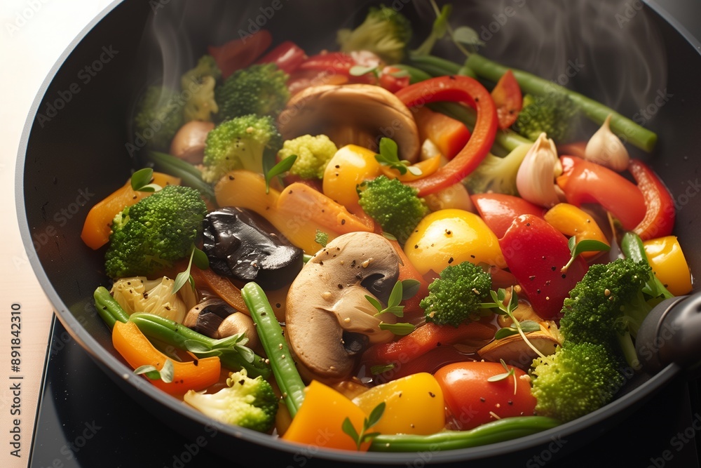 Steam mixed vegetables in a pan for Asian style cooking Steam mixed vegetables in a pan for Asian style cooking