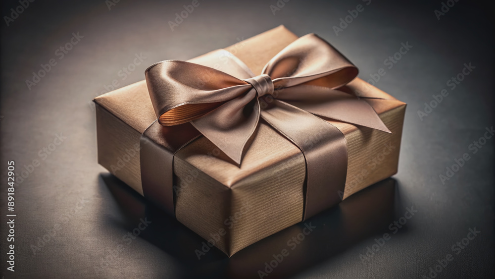 Stunning gift box wrapped in elegant paper with a satin ribbon, shot against a dark background with soft shadows, natural light, and precise focus. Stunning gift box wrapped in elegant paper with a satin ribbon, shot against a dark background with soft shadows, natural light, and precise focus.