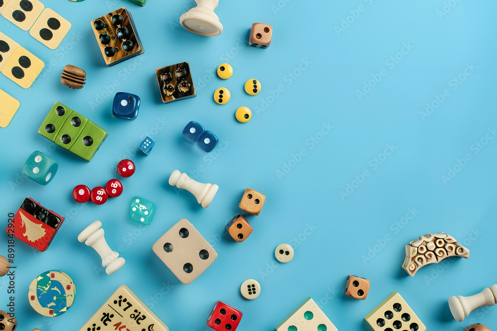 Components of board games on light blue background, flat lay. Space for text