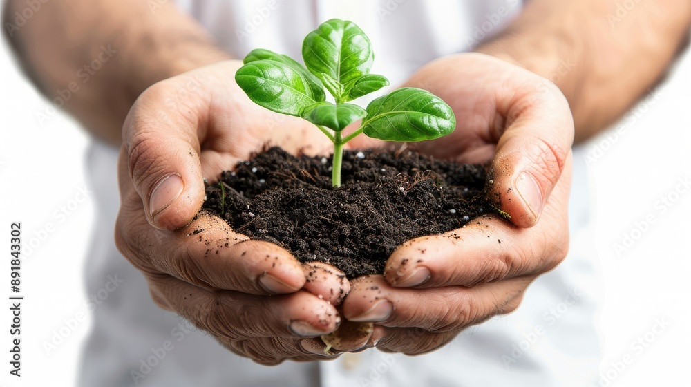 A high-resolution photograph of a pair of hands holding a small plant with green leaves, detailed and delicate textures, front-facing view. A high-resolution photograph of a pair of hands holding a small plant with green leaves, detailed and delicate textures, front-facing view.