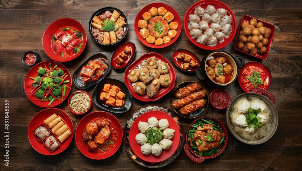 A table with various dishes of Chinese New Year food, including rice dumplings and spring rolls. A table with various dishes of Chinese New Year food, including rice dumplings and spring rolls.