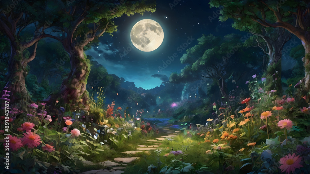 Imagine a mystical forest, filled with vibrant flowers and lush greenery, all illuminated by the soft glow of the moon. The anime-style rendering will bring this magical world to life, with intricate Imagine a mystical forest, filled with vibrant flowers and lush greenery, all illuminated by the soft glow of the moon. The anime-style rendering will bring this magical world to life, with intricate
