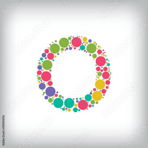 Letter O made of creative colored dots or filled with circles. Creative fonts with unique symbols. Vector illustration.