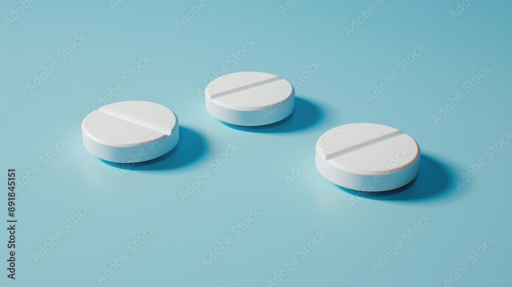 Three circular pills on a blue surface Three circular pills on a blue surface