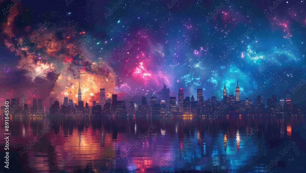 Obraz premium Cityscape Under a Cosmic Sky
