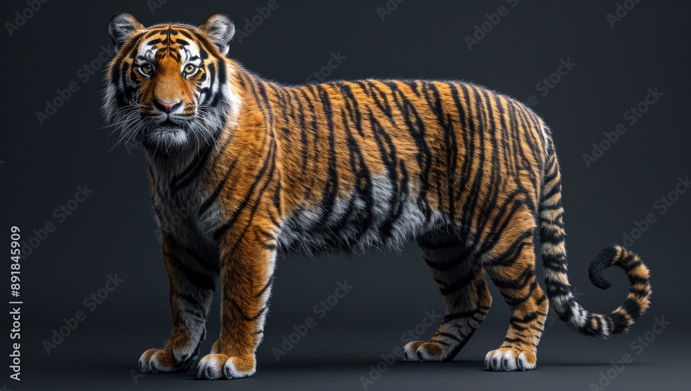 Obraz premium Striped Tiger Portrait Against a Dark Background