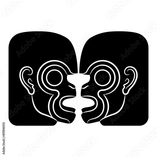 Symmetrical animal design with two stylized monkey heads in profile. Ethnic motif of Maya Indians from ancient Guatemala. Black and white silhouette. photo