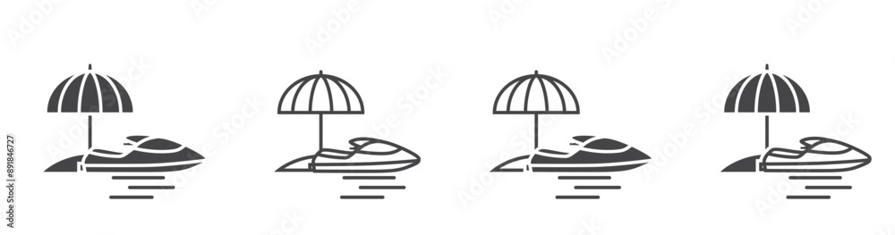 sun umbrella and jet ski icon set. sea beach and vacation symbols. isolated vector images for tourism design sun umbrella and jet ski icon set. sea beach and vacation symbols. isolated vector images for tourism design