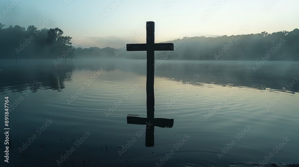Solitary Cross Over Misty Water at Dawn