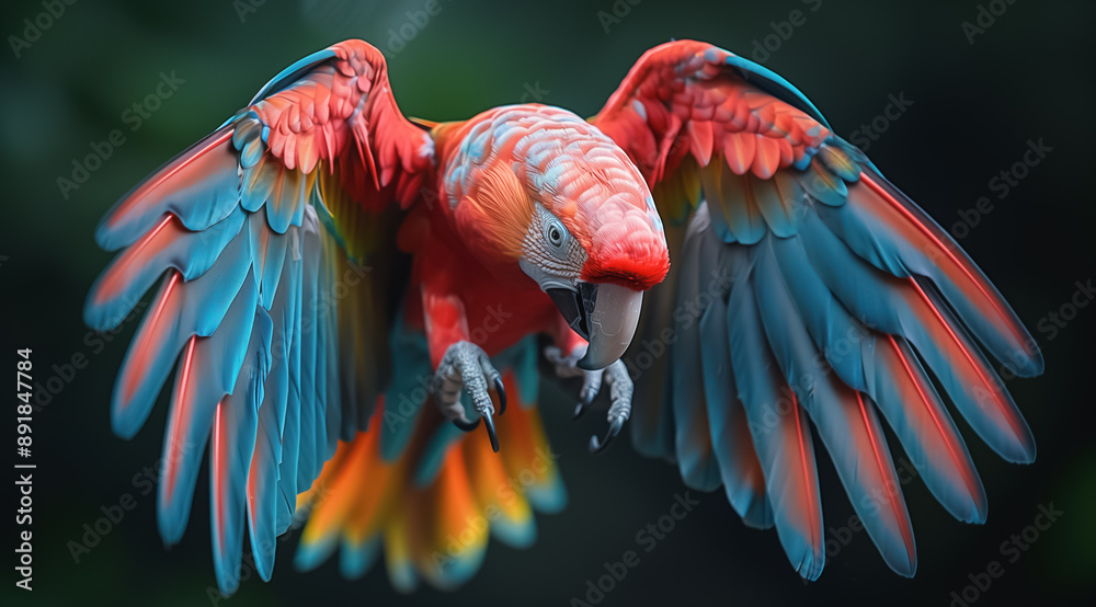 Obraz premium Vibrant Scarlet Macaw in Flight with Outstretched Wings 