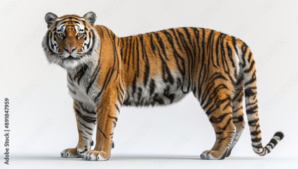Obraz premium Striped Tiger Standing on a White Background