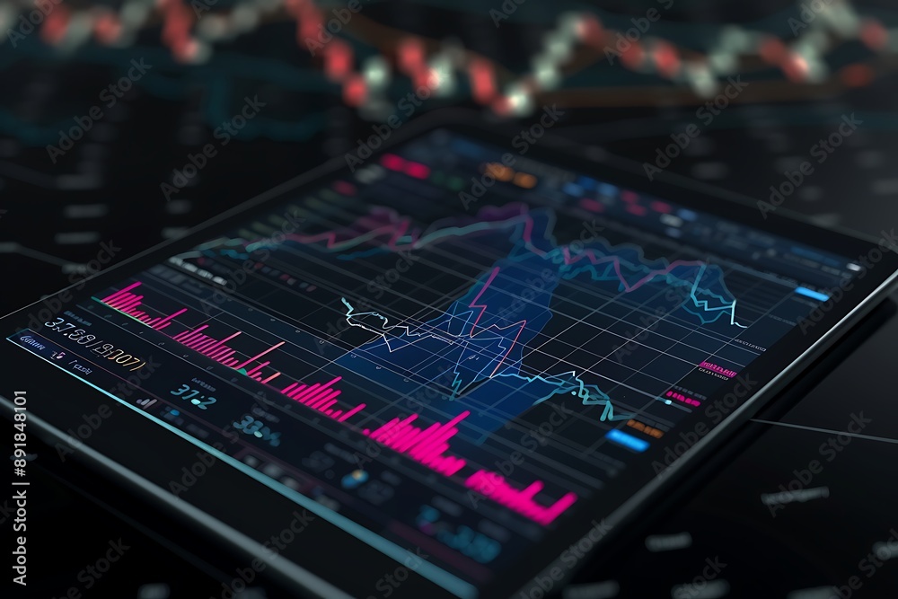 Financial trading chart and graph on tablet screen, dark background, futuristic business analytics, 3D illustration,