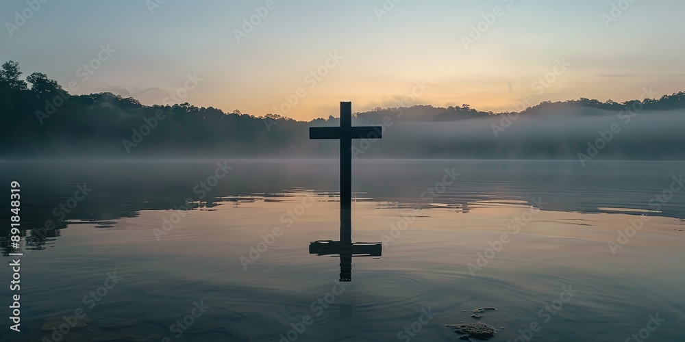 Solitary Cross Over Misty Water at Dawn Solitary Cross Over Misty Water at Dawn