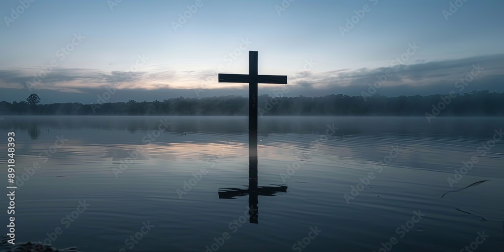 Solitary Cross Over Misty Water at Dawn Solitary Cross Over Misty Water at Dawn