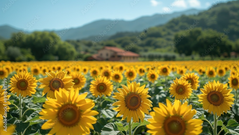 Fototapeta premium Sunflowers Blooming in a Field with a Mountainous Background