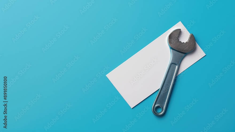 Plumber card mockup with wrench on blue backdrop Plumber card mockup with wrench on blue backdrop