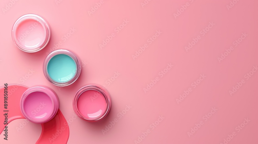 Cosmetic packaging with nail polish and empty containers on pink background top view with space for text