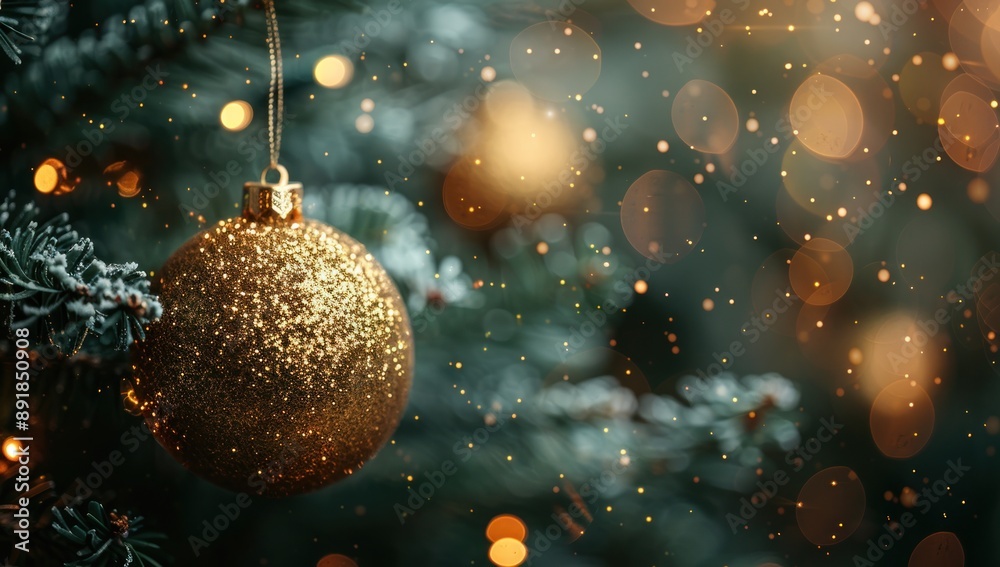 Sparkling Golden Christmas Ornament on a Pine Branch