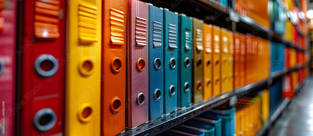 A row of colorful binders and folders on a shelf, each labeled with different subjects, ready for organization. A row of colorful binders and folders on a shelf, each labeled with different subjects, ready for organization.
