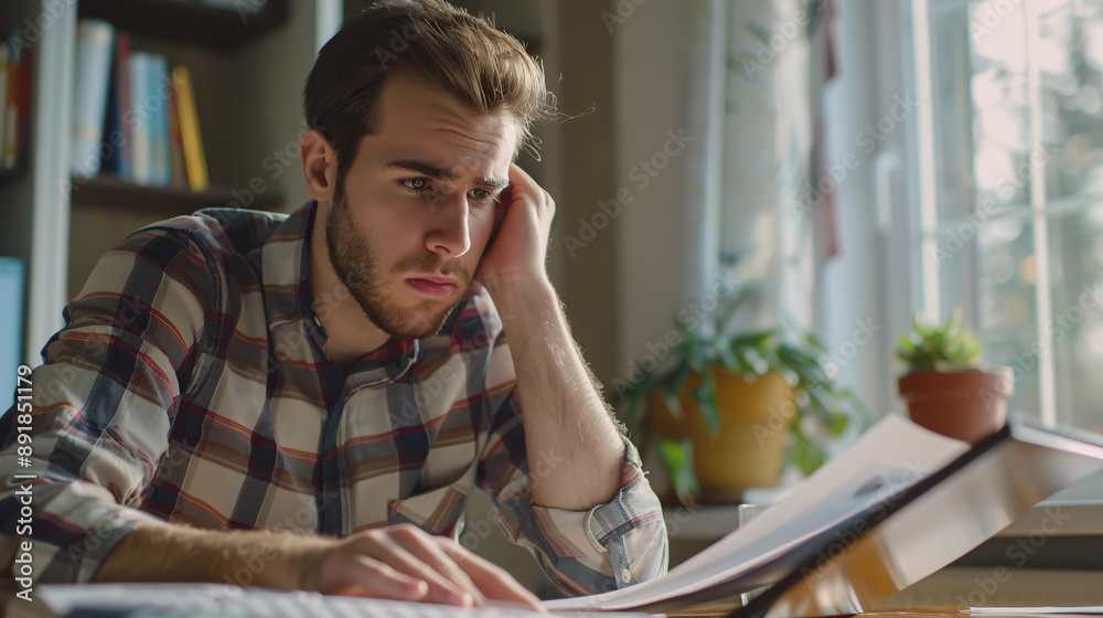 Financial problem depicting a concerned millennial businessman calculating tax bills, payments, and dealing with debt or bankruptcy. A worried young man accountant struggles Financial problem depicting a concerned millennial businessman calculating tax bills, payments, and dealing with debt or bankruptcy. A worried young man accountant struggles