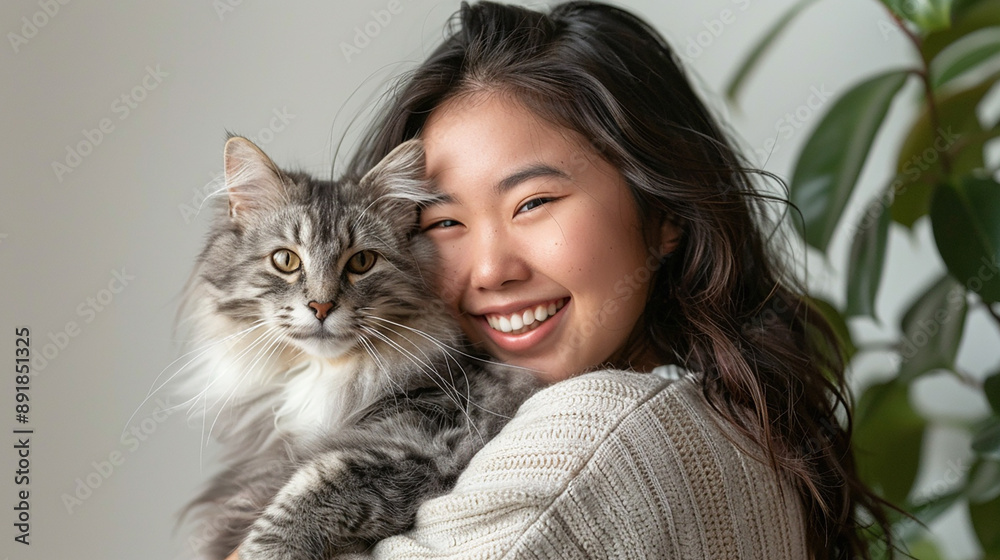 A young woman happily holding her fluffy cat, both looking at the camera with a content expression, showcasing a bond between pet and owner. A young woman happily holding her fluffy cat, both looking at the camera with a content expression, showcasing a bond between pet and owner.