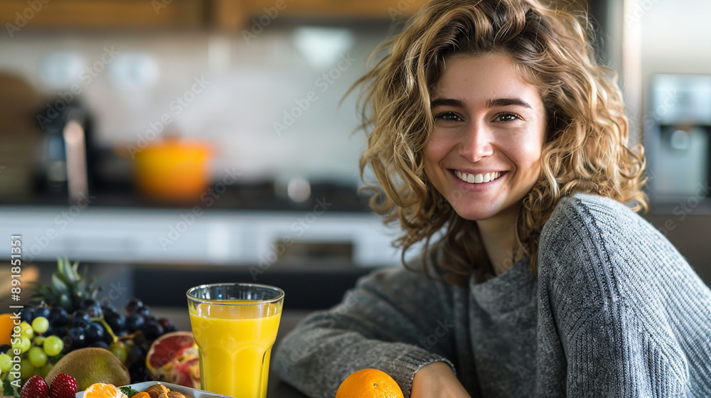 A smiling woman sitting at a kitchen table with a healthy breakfast spread, including orange juice and fresh fruits, promoting a wholesome lifestyle. A smiling woman sitting at a kitchen table with a healthy breakfast spread, including orange juice and fresh fruits, promoting a wholesome lifestyle.