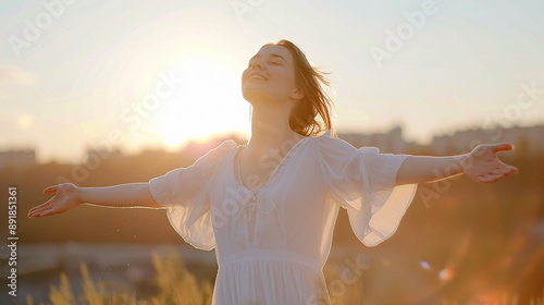 A woman joyfully embracing the outdoors with arms wide open, basking in the sunlight, representing freedom and happiness.