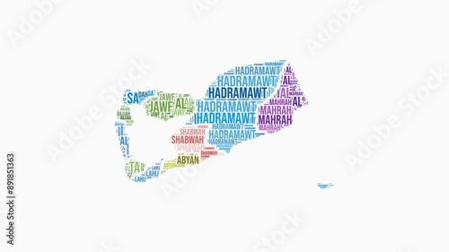 Yemen regions word cloud animation. Country logo animated video. Yemen colored text cloud. Regions typography style motion graphics. Awesome video. photo