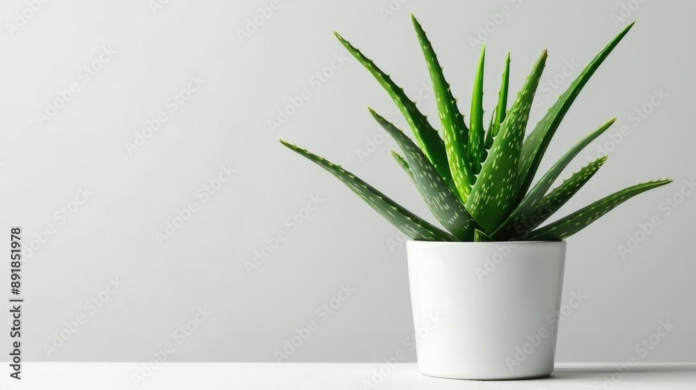Aloe Vera Plant in White Pot on White Background with Space for text Aloe Vera Plant in White Pot on White Background with Space for text