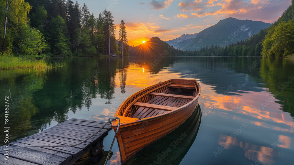 A serene lakeside scene during sunset. A wooden boat is moored near a rustic wooden dock, which extends into the calm waters of the lake. The lake reflects the hues of the setting sun A serene lakeside scene during sunset. A wooden boat is moored near a rustic wooden dock, which extends into the calm waters of the lake. The lake reflects the hues of the setting sun