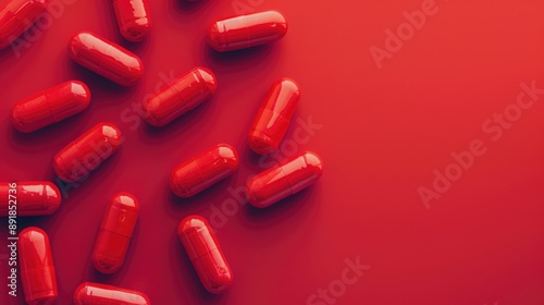 Red pills arranged on table with space medical items Top view