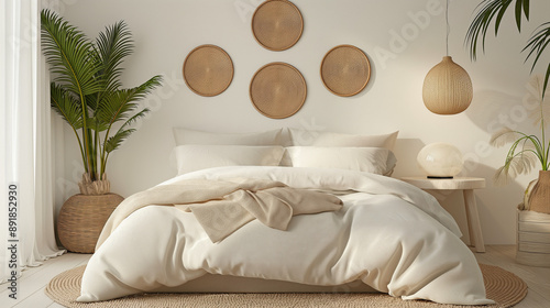 A serene bedroom setting. Dominating the center is a neatly made bed with white linens and a beige throw blanket