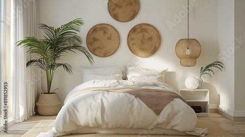 A serene bedroom setting. Dominating the center is a neatly made bed with white linens and a beige throw blanket