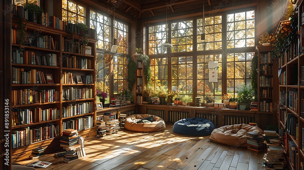Shelves filled with books in a school library, sunlight streaming through the windows, and a cozy reading nook with bean bags in the corner. Shelves filled with books in a school library, sunlight streaming through the windows, and a cozy reading nook with bean bags in the corner.