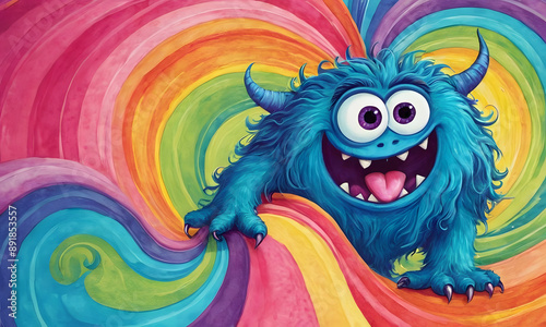 cute monster smiling on colorful swirl paint background