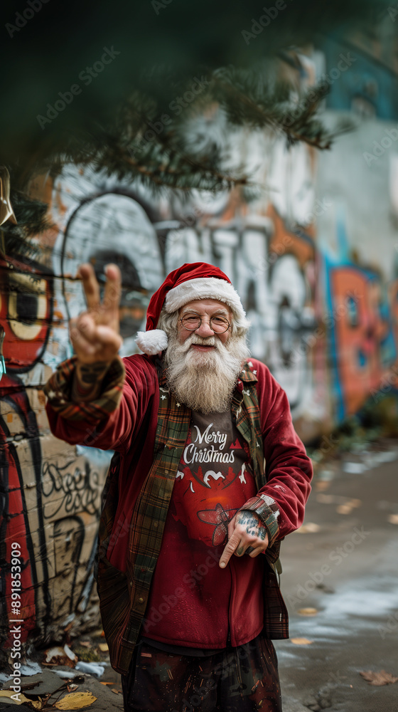 homeless man on the street in santa claus outfit, happy on christmas and new year's eve homeless man on the street in santa claus outfit, happy on christmas and new year's eve