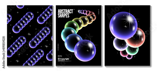Abstract gradient poster with 3D glass sphere. Futuristic style, geometric shapes and cosmic bright star. Vector background set
