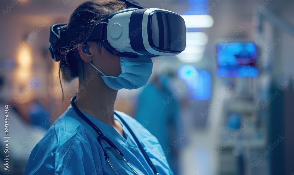 Healthcare worker in VR headset in modern medical setting. Free copy space for banner. Healthcare worker in VR headset in modern medical setting. Free copy space for banner.