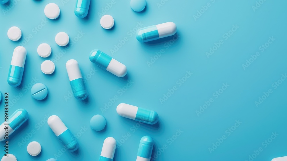 Close up view of medical pills and capsules on blue background with text space Focus on health and COVID 19 prevention Close up view of medical pills and capsules on blue background with text space Focus on health and COVID 19 prevention