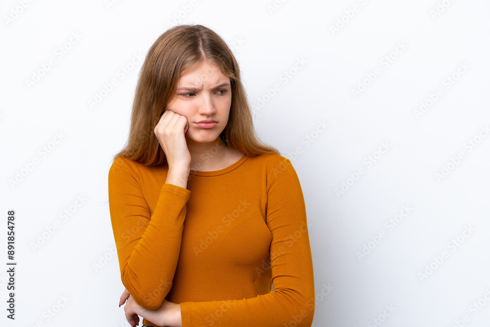 Teenager Russian girl isolated on white background with tired and bored expression