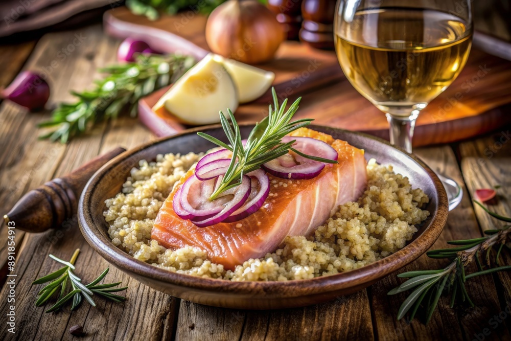 Fresh salmon on quinoa and slice of red onion Fresh salmon on quinoa and slice of red onion
