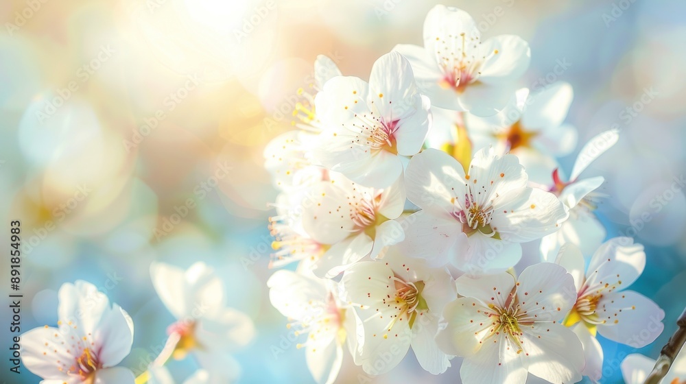 Closeup of Delicate White Cherry Blossoms in Spring Sunlight Closeup of Delicate White Cherry Blossoms in Spring Sunlight