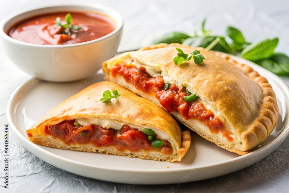 Calzone cut in half with tomatoes, cheese and herbs Calzone cut in half with tomatoes, cheese and herbs