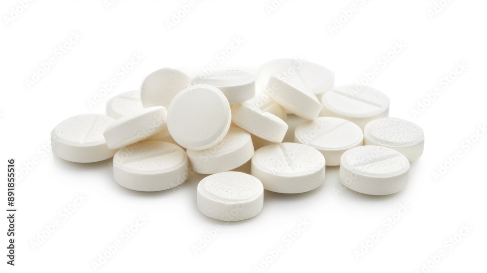 White round tablets with copy space on white background for minerals and vitamins White round tablets with copy space on white background for minerals and vitamins