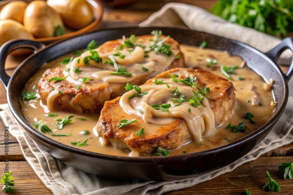 Creamy smothered pork chops cooked in onion sauce Creamy smothered pork chops cooked in onion sauce