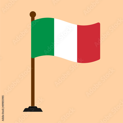 3D Icon of Realistic Italian Flag on Mini wooden Pole. Green, White, and Red Stripes on a waving Flagpole